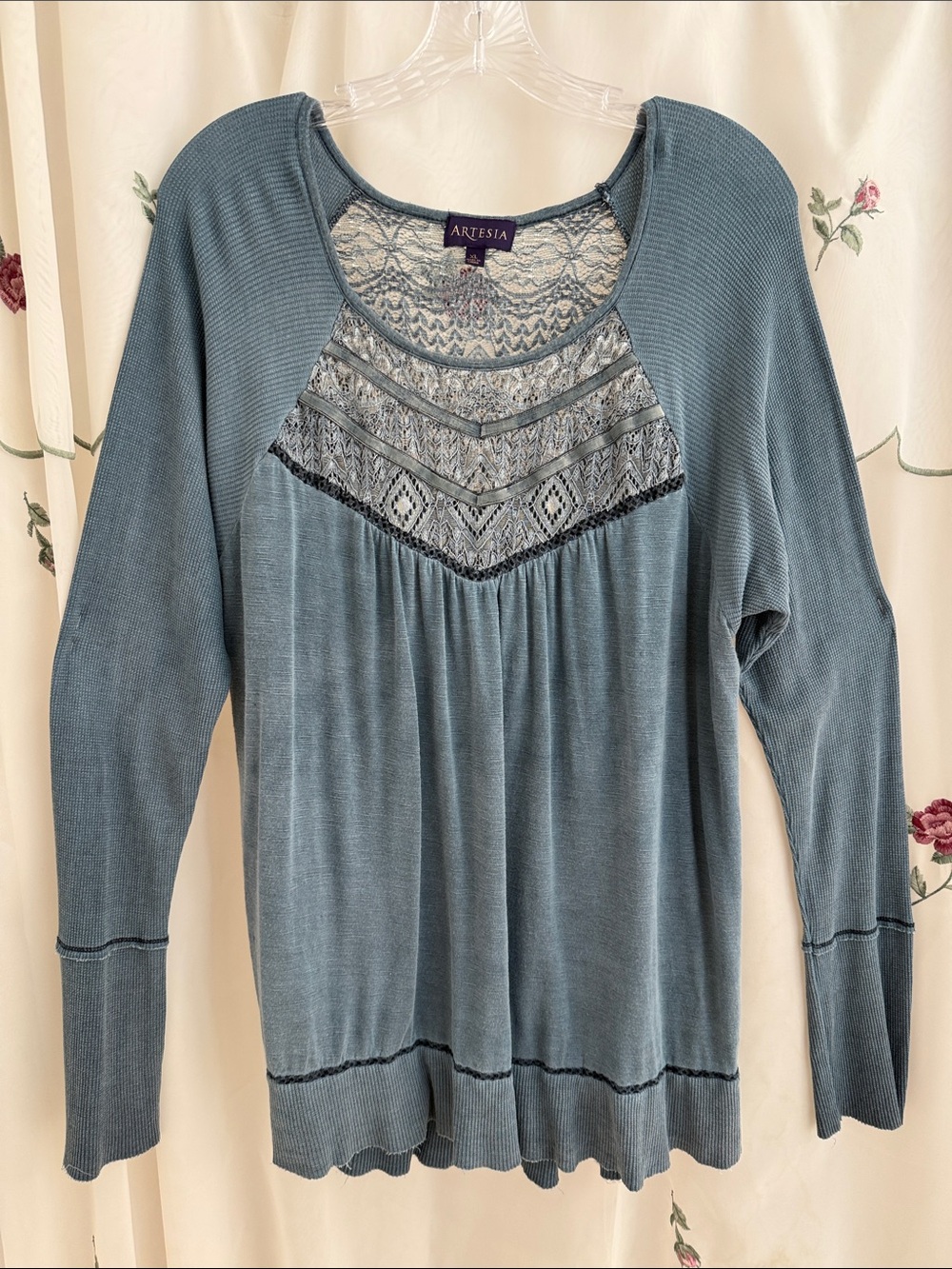 Artesia Dusty Blue Lace-Yoke Long Sleeve Tunic
